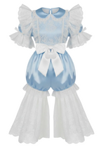 Blue and white adult baby outfit with ruffled details on a white background
