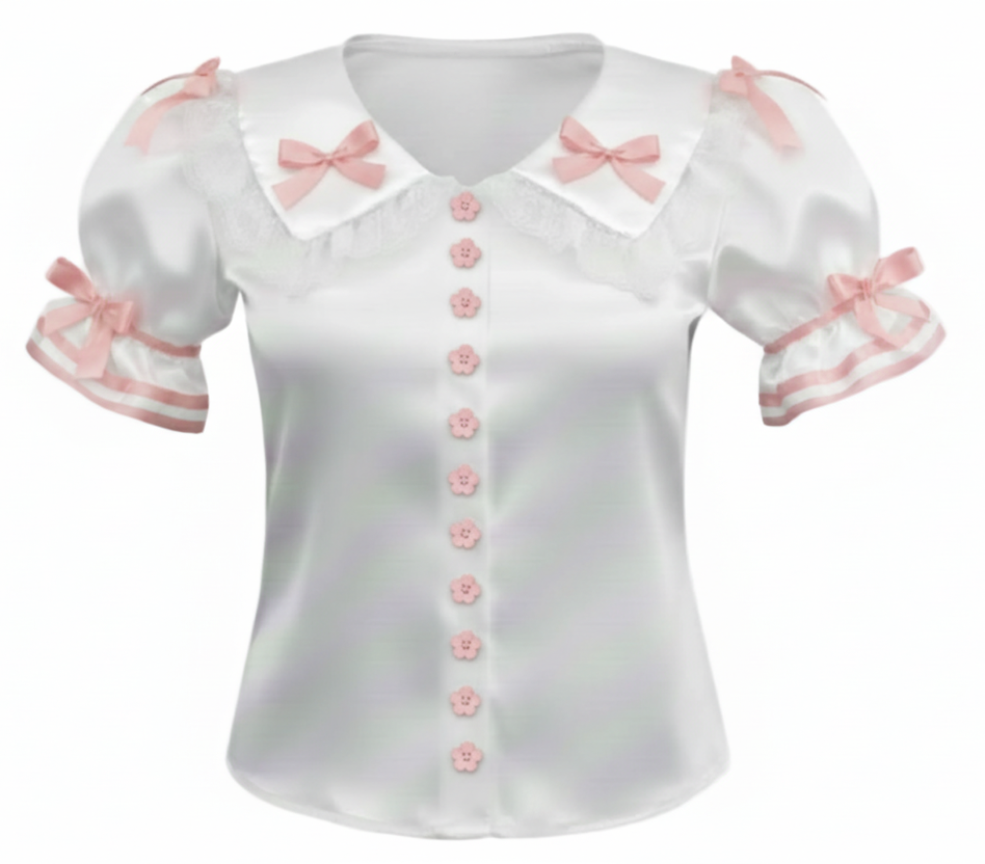 White satin blouse with pink trim and buttons on a white background