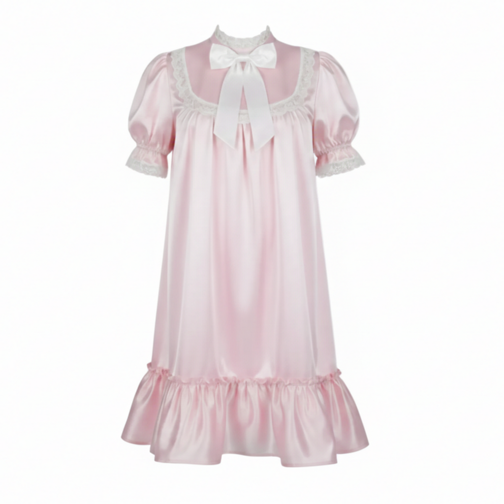 Pink nightgown with lace details on a white background