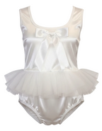 White adult baby romper with bow on a white background