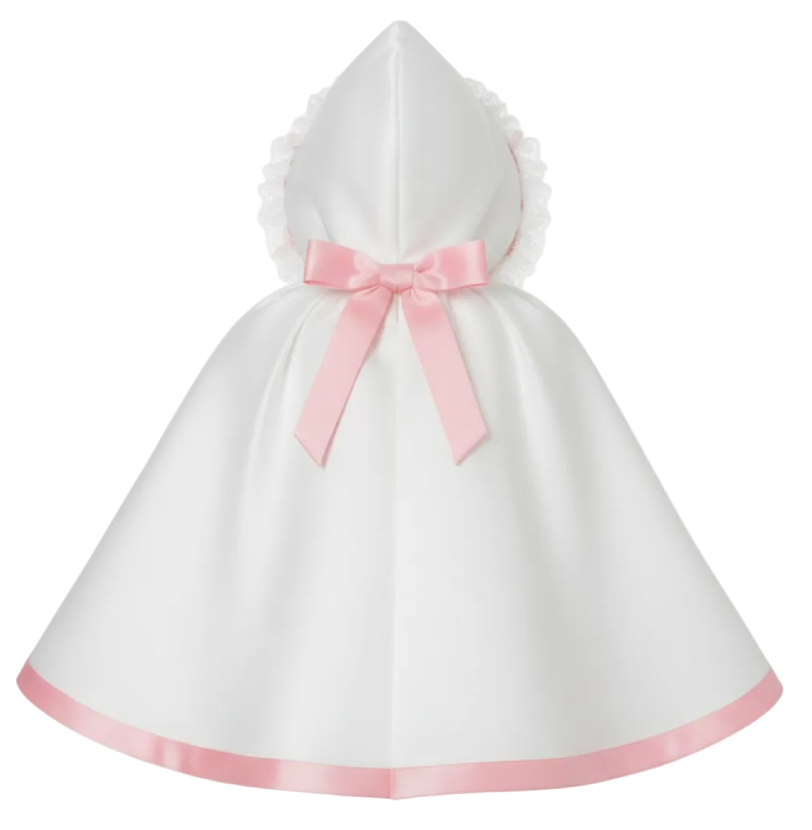 White satin hooded cape with pink trim and bow on a white background