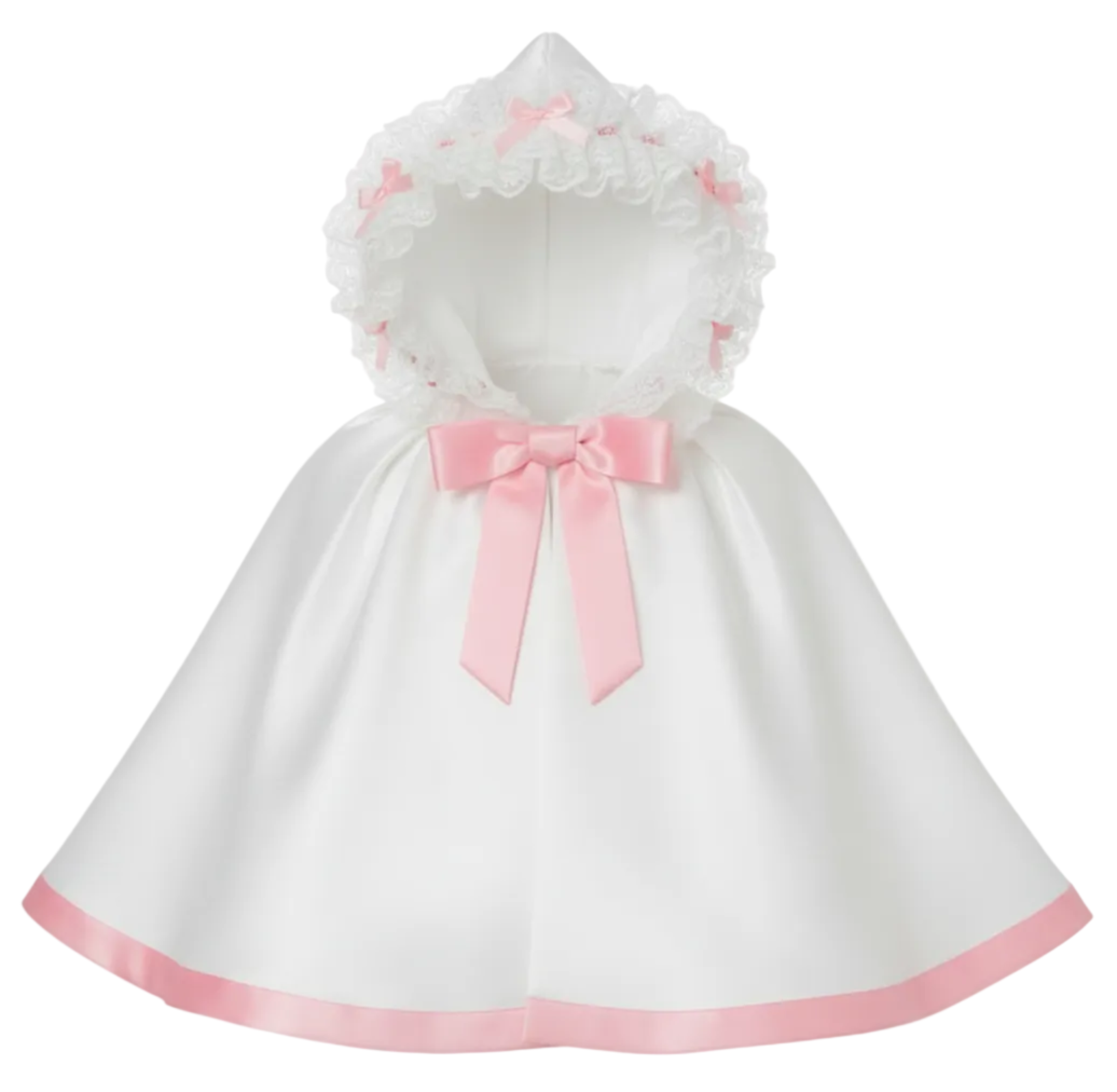 White satin hooded cape with white lace and pink bows on a white backrgound
