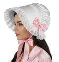 Woman wearing a white lace bonnet with pink ribbons on a white background