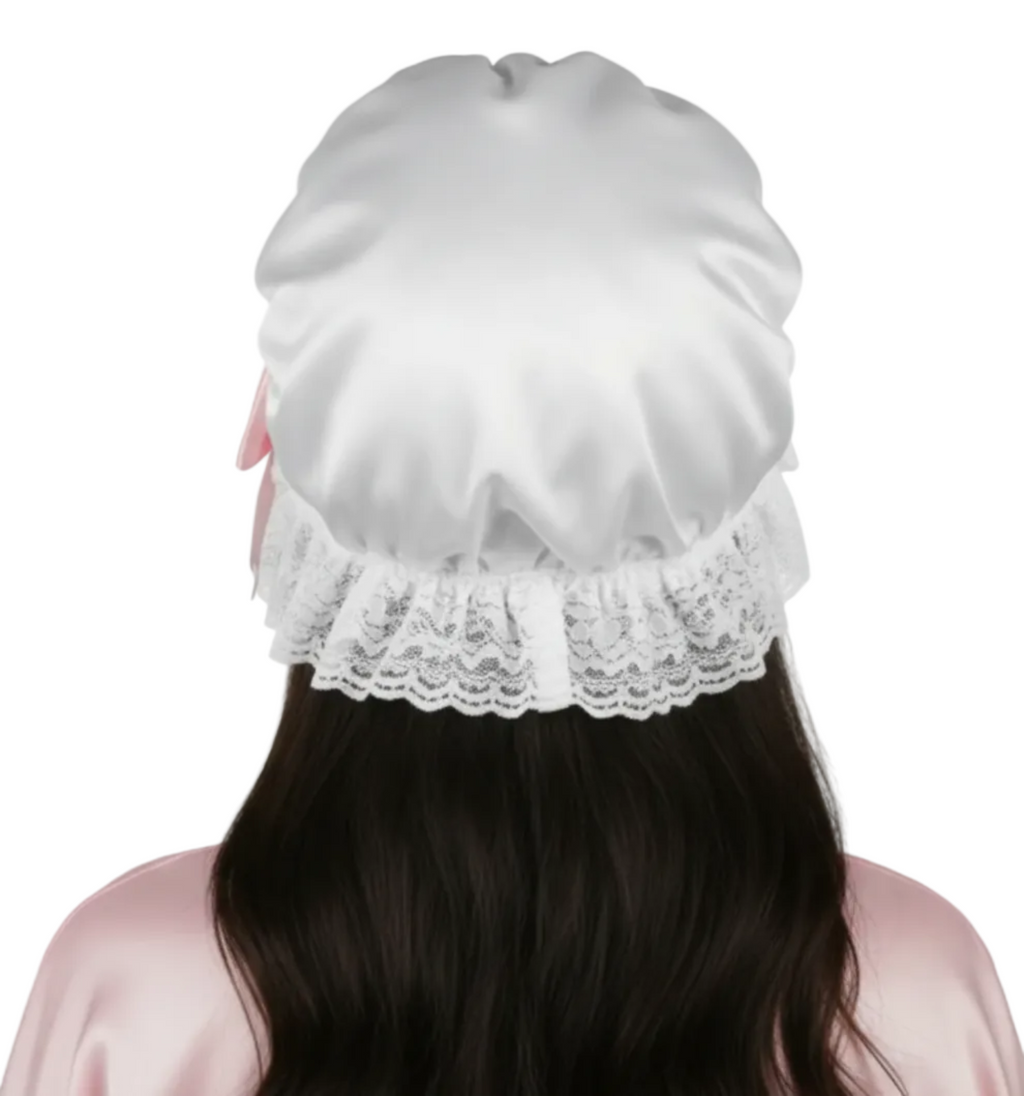 Pink Bows White Satin Prairie Sunbonnet Adult Sissy Baby ABDL Bonnet by Ben’s