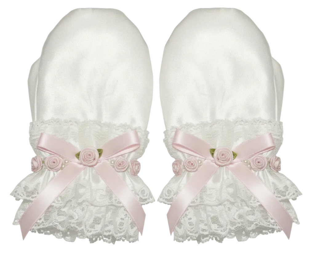 White Satin Pink Bows Padded Adult Baby Sissy ABDL Mittens by Ben’s