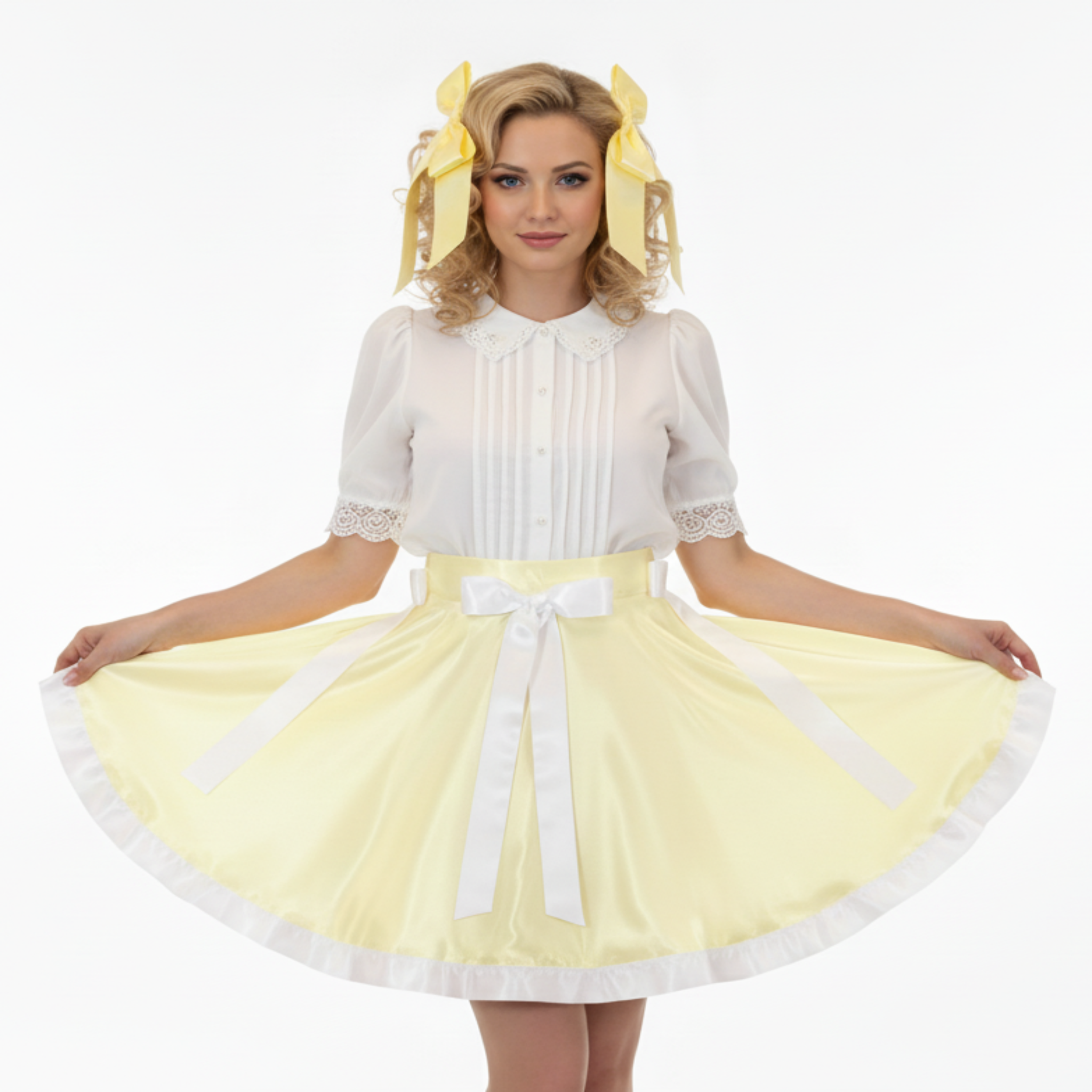 Woman wearing a white top and yellow skirt with a white belt on a white background