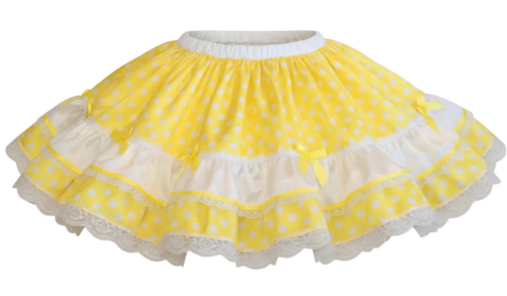 Clara Custom Fit Yellow Satin Polka Dots Adult Sissy Square Dance Skirt by Ben’s
